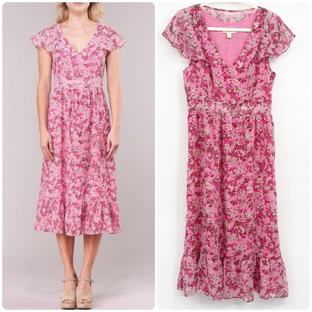 Michael Michael Kors Womens Floral Flutter Sleeve Cottagecore Midi Dress Size 6